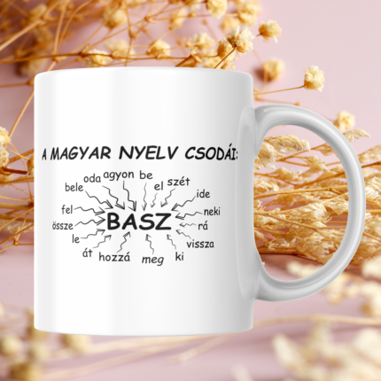 A magyar nyelv csodái BASZ feliratú vicces káromkodós bögre magyar igekötőkkel